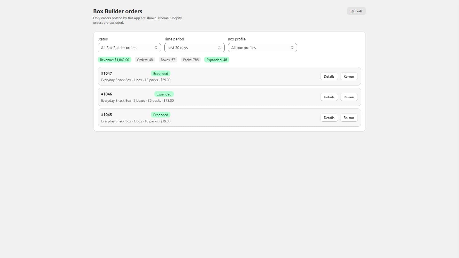 Orders view showing expanded box components